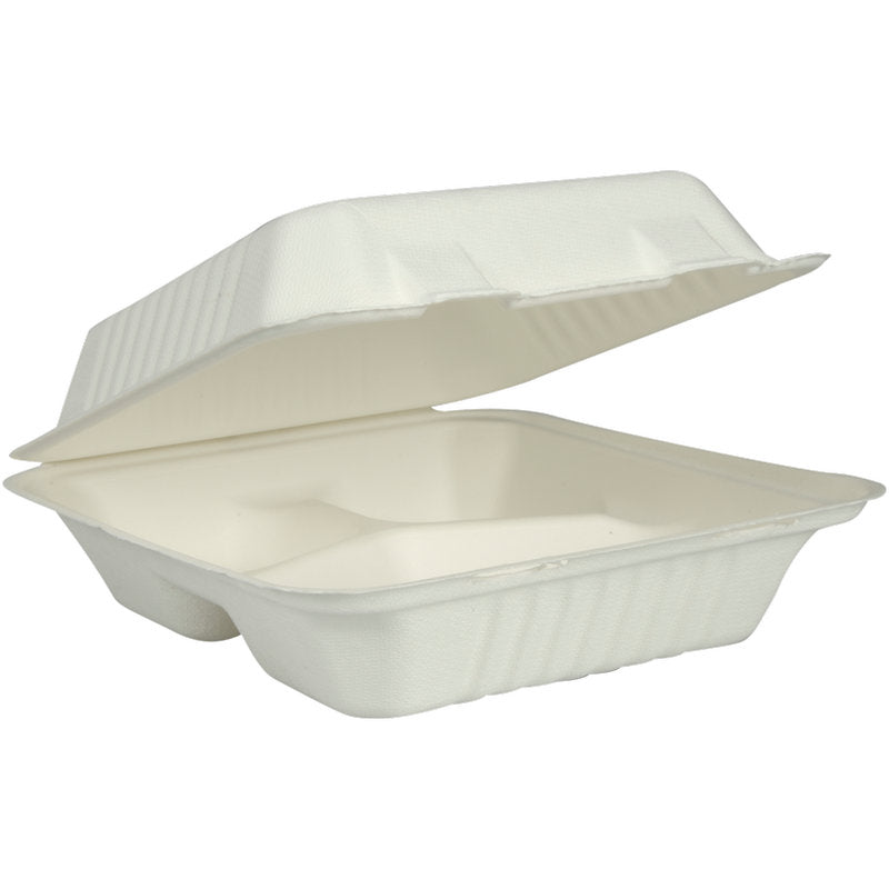 Το λευκό κουτί μενού από bagasse της Abena Re-Seller GmbH (3-χωρισμένο, 22,3x20x7,8 εκ.) φαίνεται ανοιχτό με ελαφρώς ανυψωμένο καπάκι και δείχνει τα τρία εσωτερικά του διαμερίσματα. Συσκευασία των 50 τεμαχίων.
