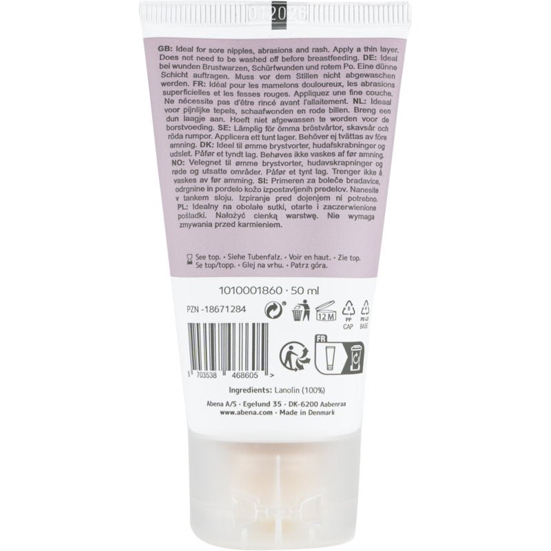Πίσω πλευρά ενός σωληναρίου 50 ml Abena Re-Seller GmbH Repair Creme, 100% Lanolin, χωρίς άρωμα; με πολυγλωσσικό κείμενο, πληροφορίες χρήσης και ανακύκλωσης, σύμβολα ποιότητας, γραμμωτό κώδικα, κωδικό παρτίδας, συστατικά. Κατασκευάζεται στη Δανία. Διατίθεται σε κουτί (6 συσκευασίες).