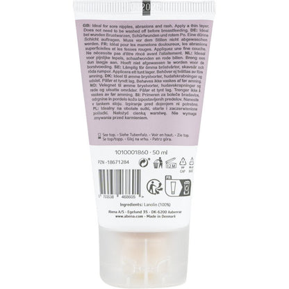 Πίσω πλευρά ενός σωληναρίου 50 ml Abena Re-Seller GmbH Repair Creme, 100% Lanolin, χωρίς άρωμα; με πολυγλωσσικό κείμενο, πληροφορίες χρήσης και ανακύκλωσης, σύμβολα ποιότητας, γραμμωτό κώδικα, κωδικό παρτίδας, συστατικά. Κατασκευάζεται στη Δανία. Διατίθεται σε κουτί (6 συσκευασίες).