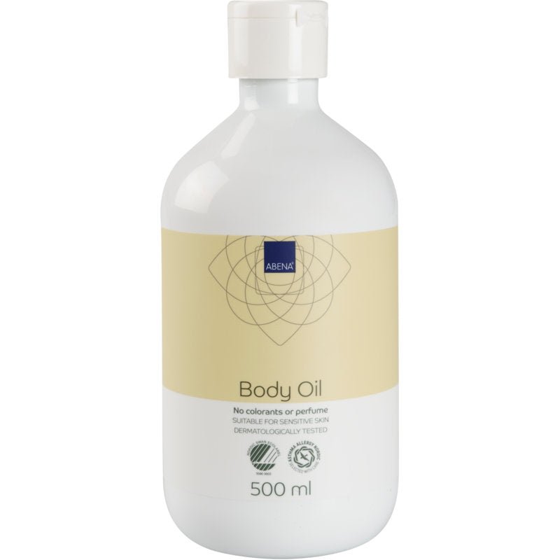 Λευκό πλαστικό μπουκάλι 500 ml με την επιγραφή "Λάδι περιποίησης δέρματος" από την Abena Re-Seller GmbH, χωρίς χρωστικές και αρώματα, κατασκευασμένο με φυσικά συστατικά και ιδανικό για ευαίσθητο δέρμα. Διατίθεται σε κουτί με 6 συσκευασίες.