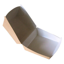 Η Abena Re-Seller GmbH Burger Box, Kraft, έχει εξωτερική καφέ πλευρά και εσωτερική λευκή πλευρά με καπάκι με μεντεσέ. Απεικονίζεται ανοιχτή σε λευκό φόντο και είναι ιδανική για συσκευασία σνακ.