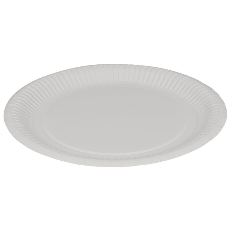 Ένα χάρτινο πιάτο, επίπεδο ø 23 cm σε λευκό από την Abena Re-Seller GmbH (πακέτο με 50 κομμάτια), εμφανίζεται σε λευκό φόντο - φιλικό προς το περιβάλλον και ιδανικό για κάθε περίσταση.