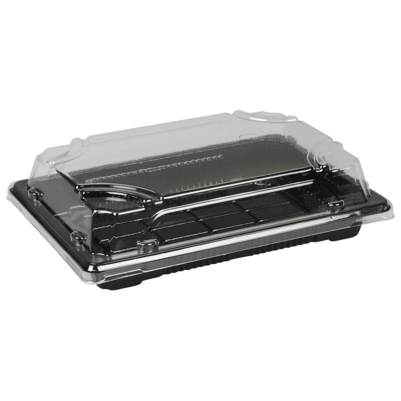 Η Abena Re-Seller GmbH Sushi-to-go Kombi-Pack με μαύρο πάτο και διαφανές καπάκι με μεντεσέ είναι ιδανική για τη συσκευασία και παρουσίαση φρέσκου σούσι, κέικ ή γλυκών, παρέχοντας ορατότητα και προστασία κατά τη μεταφορά.