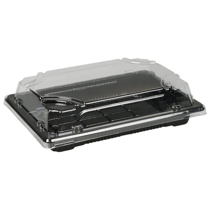 Η Abena Re-Seller GmbH Sushi-to-go Kombi-Pack με μαύρο πάτο και διαφανές καπάκι με μεντεσέ είναι ιδανική για τη συσκευασία και παρουσίαση φρέσκου σούσι, κέικ ή γλυκών, παρέχοντας ορατότητα και προστασία κατά τη μεταφορά.