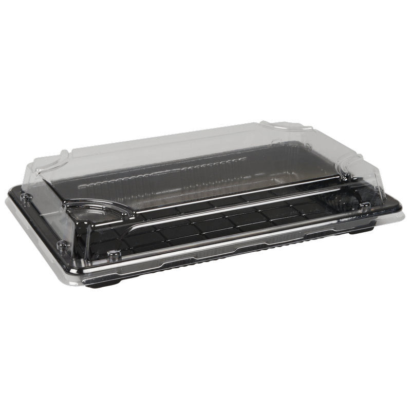 Η Abena Re-Seller GmbH Sushi-to-go Kombi-Pack είναι ένας ορθογώνιος αναδιπλούμενος δοχείο με μαύρο πάτο και διαφανές καπάκι, που είναι τέλειο για την παρουσίαση και τη μεταφορά φρέσκου σούσι ή γλυκών.