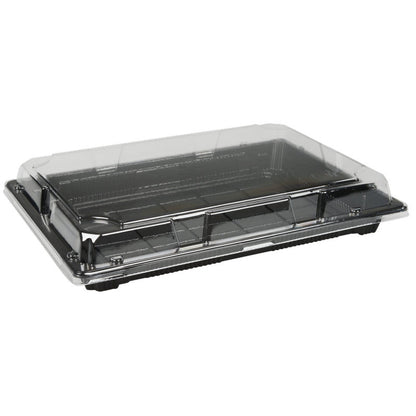 Το Sushi-to-go Kombi-Pack της Abena Re-Seller GmbH είναι ένας μαύρος, ορθογώνιος δίσκος με διαφανές πλαστικό καπάκι, ιδανικό για τη συσκευασία και μεταφορά σούσι-to-go, φρέσκου σούσι και άλλων έτοιμων προς κατανάλωση τροφίμων.