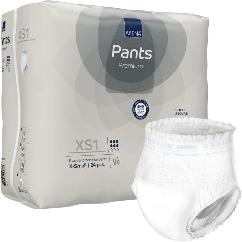 Abgebildet ist eine Packung mit 24 ABENA Pants XS1, Premium von Abena Re-Seller GmbH (Größe X-Small, Pull-up-Windeln für Erwachsene), wobei eine weiße Windel außerhalb der Verpackung mit Produktangaben und Symbolen versehen ist.
