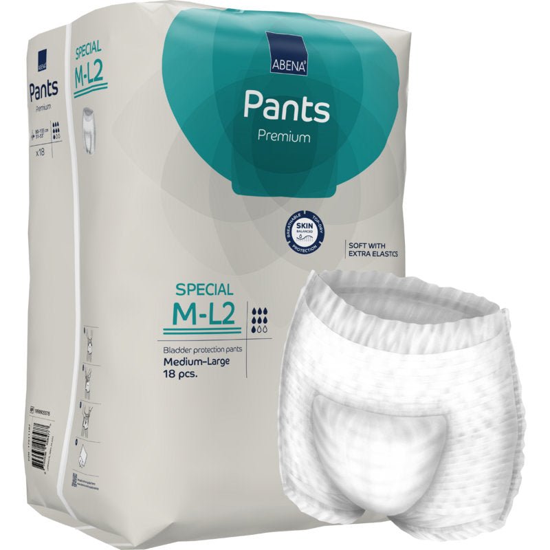 Το ABENA Pants Special Premium από την Abena Re-Seller GmbH, μέγεθος μεσαίο, έρχεται σε συσκευασία με 18 εσώρουχα μίας χρήσης για ενήλικες. Η συσκευασία δείχνει μπροστά ένα ζευγάρι λευκά προστατευτικά εσώρουχα.
