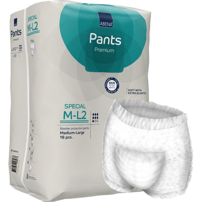 Το ABENA Pants Special Premium από την Abena Re-Seller GmbH, μέγεθος μεσαίο, έρχεται σε συσκευασία με 18 εσώρουχα μίας χρήσης για ενήλικες. Η συσκευασία δείχνει μπροστά ένα ζευγάρι λευκά προστατευτικά εσώρουχα.