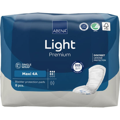 Μια συσκευασία ABENA Light Maxi 4A, Premium (8 τεμάχια) από την Abena Re-Seller GmbH με μπλε-λευκή συσκευασία και μοτίβο ταμπόν διαφημίζει διακριτική προστασία και φιλικό προς το δέρμα σχεδιασμό για ακράτεια.