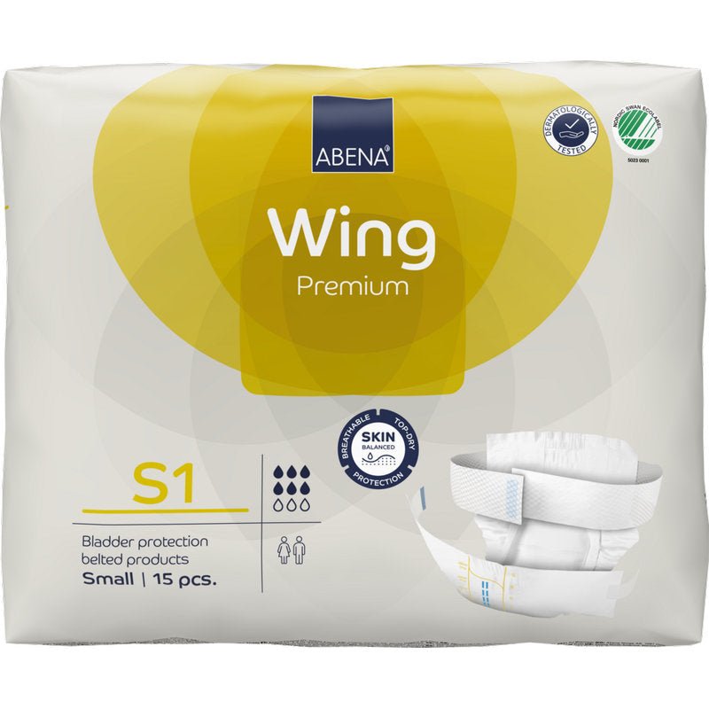 Μια συσκευασία 15 τεμαχίων ABENA Wing Premium από την Abena Re-Seller GmbH, μέγεθος Small, έρχεται σε μια κυρίως λευκή συσκευασία με κίτρινες πινελιές που τονίζουν την προστασία και την άνεση, και μια εικόνα του προϊόντος στο μπροστινό μέρος.