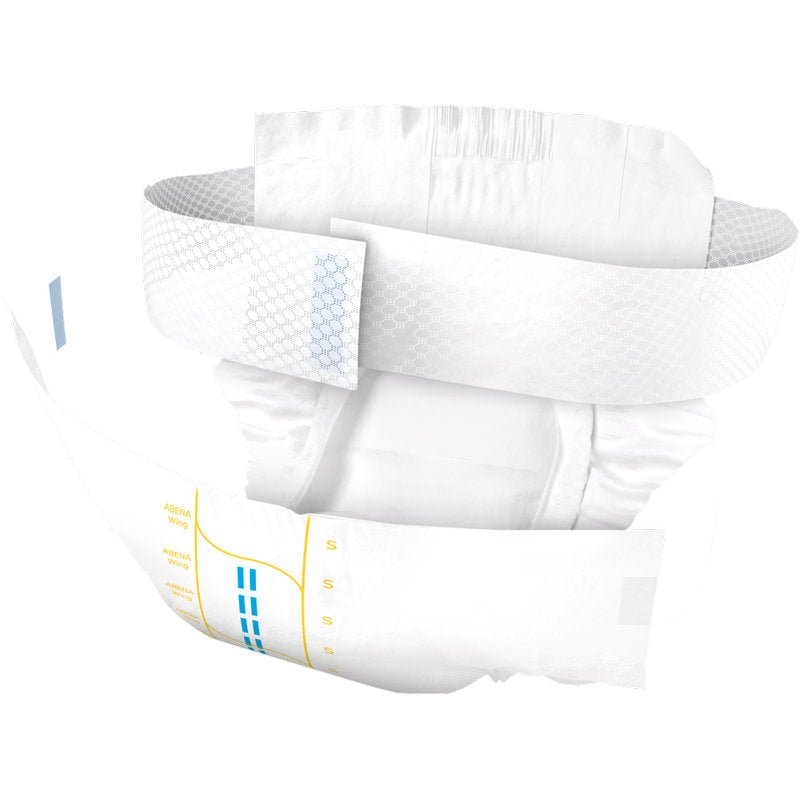 Η ABENA Wing Premium από την Abena Re-Seller GmbH είναι μια πάνα μιας χρήσης για ενήλικες με ελαστικές μανσέτες, κολλητικές λωρίδες, απορροφητική γέμιση και ανοικτές μπλε/κίτρινες γραμμές για προστασία και άνεση.