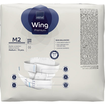 Ένα πακέτο ABENA Wing Premium από την Abena Re-Seller GmbH, μεσαίο μέγεθος, περιέχει 15 slips και προσφέρει αναπνοή, γρήγορη απορρόφηση, φράγματα διαρροής για προστασία και άνεση.