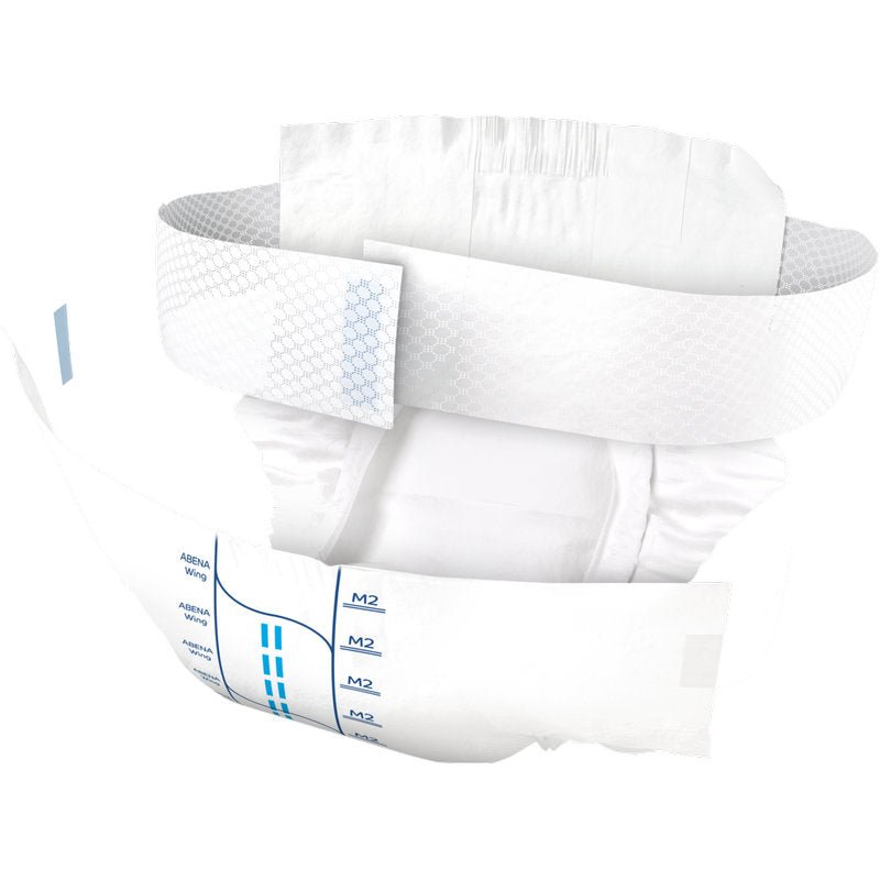 Η ABENA Wing Premium από την Abena Re-Seller GmbH ανοίγεται με ελαστική ζώνη, πλευρικές λωρίδες και μπλε γραμμές μέτρησης. Αυτό το προϊόν ακράτειας προσφέρει προστασία και άνεση με εσωτερική επένδυση και άκρα για αξιόπιστη προστασία από διαρροές.