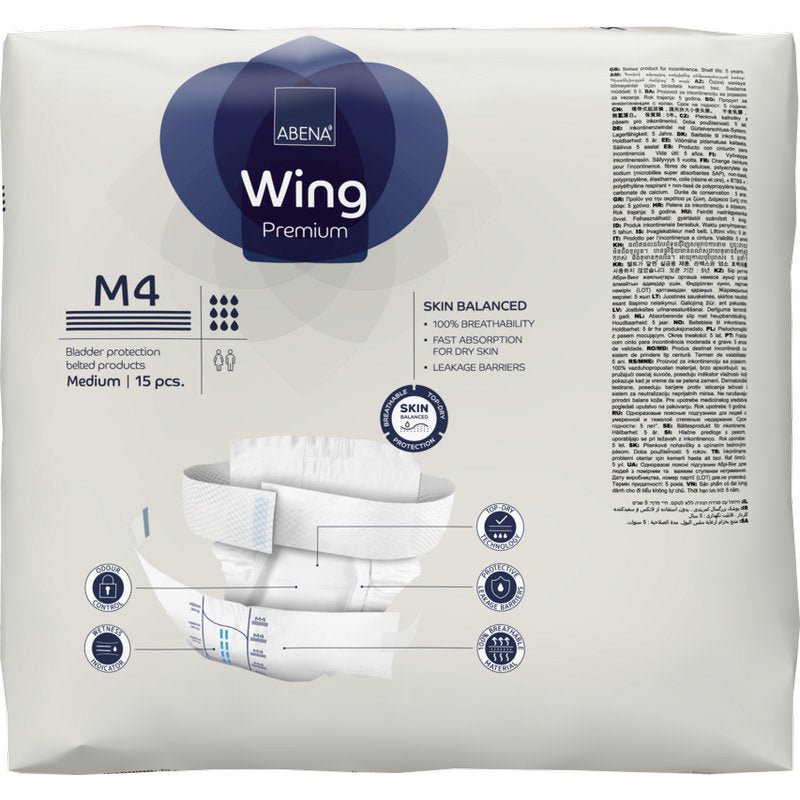 Ένα πακέτο 15 τεμαχίων ABENA Wing Premium Slips από την Abena Re-Seller GmbH προσφέρει προστασία και άνεση με σχεδιασμό κατάλληλο για το δέρμα, γρήγορη απορρόφηση και φράγμα διαρροής στο μπροστινό μέρος.