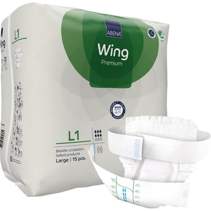 Απεικονίζεται μια συσκευασία ABENA Wing Premium από την Abena Re-Seller GmbH (Large, 15 τεμάχια). Ένα slip είναι απεικονισμένο μπροστά για να τονίσει το σχεδιασμό του για προστασία και άνεση.