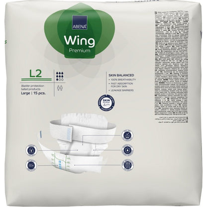 Ένα πακέτο 15 τεμαχίων ABENA Wing Premium προστατευτικών ενθέσεων κύστης, μεγάλο μέγεθος, από την Abena Re-Seller GmbH. Η λευκή συσκευασία με πράσινες και μπλε πινελιές δείχνει στο μπροστινό μέρος μια εικόνα της ένθεσης για άνεση και προστασία.