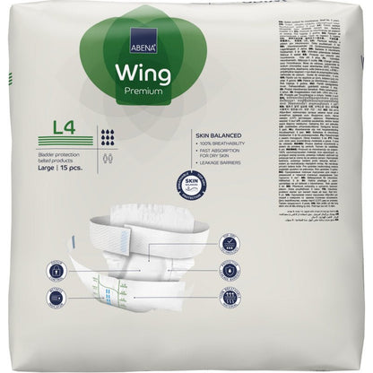 Μια συσκευασία ABENA Wing Premium από την Abena Re-Seller GmbH προσφέρει προστασία και άνεση. Η κυρίως λευκή συσκευασία με πράσινες και μπλε πινελιές δείχνει πληροφορίες προϊόντος, μια εικόνα slip και περιέχει 15 μεγάλα slips.