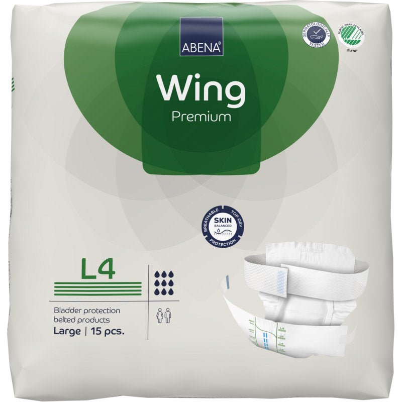Μια συσκευασία 15 τεμαχίων ABENA Wing Premium από την Abena Re-Seller GmbH, μέγεθος Large, σε λευκή-πράσινη συσκευασία με εικόνα προϊόντος, σύμβολα απορρόφησης και έμφαση στην προστασία και την άνεση.