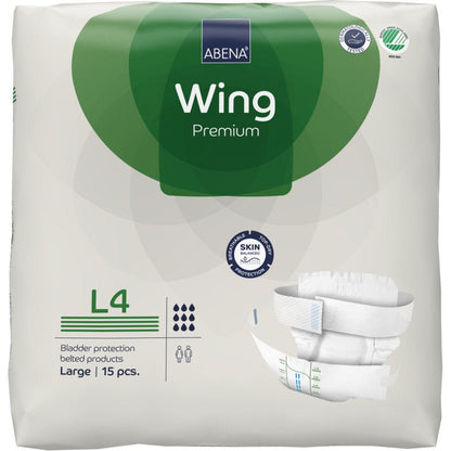 Μια συσκευασία 15 τεμαχίων ABENA Wing Premium από την Abena Re-Seller GmbH, μέγεθος Large, σε λευκή-πράσινη συσκευασία με εικόνα προϊόντος, σύμβολα απορρόφησης και έμφαση στην προστασία και την άνεση.