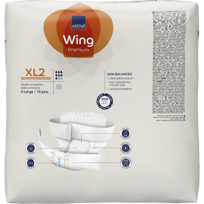 Ένα πακέτο ABENA Wing Premium πάνες ενηλίκων από την Abena Re-Seller GmbH σε μέγεθος XL (15 τεμάχια), με προστασία και άνεση, ισορροπία του δέρματος, γρήγορη απορρόφηση και προστασία από διαρροές.