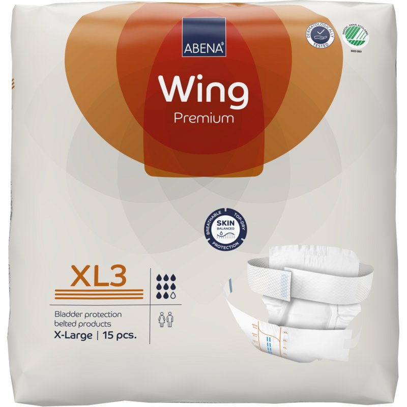 Ένα πακέτο με 15 ABENA Wing Premium από την Abena Re-Seller GmbH, με μια λευκή εικόνα πάνας για ενήλικες στο μέγεθος X-Large και υψηλή απορροφητικότητα για απόλυτη προστασία από την ακράτεια.
