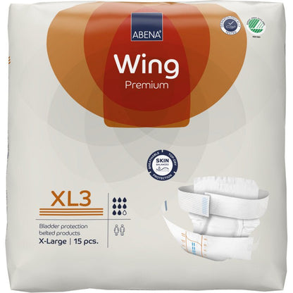Ένα πακέτο με 15 ABENA Wing Premium από την Abena Re-Seller GmbH, με μια λευκή εικόνα πάνας για ενήλικες στο μέγεθος X-Large και υψηλή απορροφητικότητα για απόλυτη προστασία από την ακράτεια.