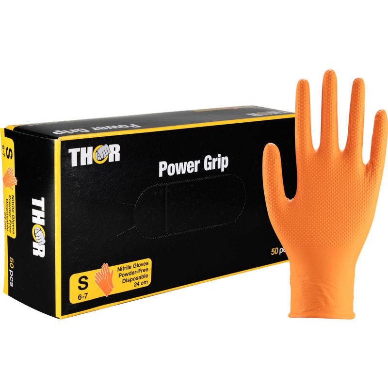 Απεικονίζεται ένα κουτί Abena Re-Seller GmbH Thor Power Grip, πορτοκαλί μίας χρήσης νιτριλίου γάντια (μικρό) με ένα υφασμένο γάντι όρθιο δίπλα. Η συσκευασία τονίζει το χωρίς πούδρα, ανθεκτικό σχέδιο και την εξαιρετική λαβή - ιδανικό για προπόνηση αντιβραχίου.