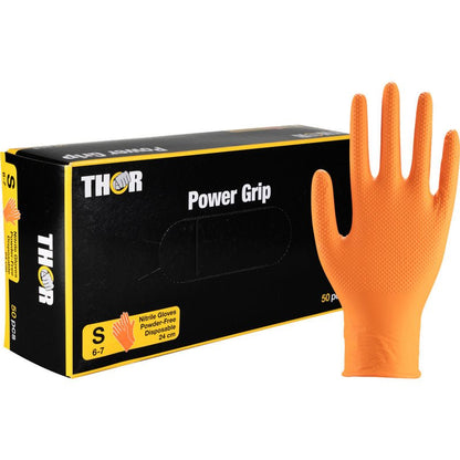 Απεικονίζεται ένα κουτί Abena Re-Seller GmbH Thor Power Grip, πορτοκαλί μίας χρήσης νιτριλίου γάντια (μικρό) με ένα υφασμένο γάντι όρθιο δίπλα. Η συσκευασία τονίζει το χωρίς πούδρα, ανθεκτικό σχέδιο και την εξαιρετική λαβή - ιδανικό για προπόνηση αντιβραχίου.