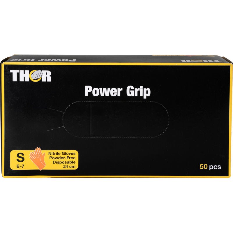 Ένα πορτοκαλί κουτί με την επιγραφή "Thor Power Grip" της Abena Re-Seller GmbH περιέχει 50 μικρά (6-7) χωρίς πούδρα μίας χρήσης νιτριλίου γάντια (24 cm μήκος). Ιδανικό για δύναμη λαβής και προπόνηση αντιβραχίου.