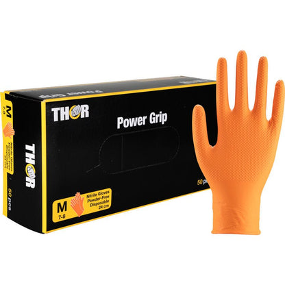 Ένα κουτί Abena Re-Seller GmbH Thor Power Grip, πορτοκαλί νιτριλίου γάντια (μέγεθος M, 50 τεμάχια) με ένα υφασμένο γάντι που απεικονίζεται όρθιο δίπλα στο κουτί. Ιδανικό για δύναμη λαβής και προπόνηση αντιβραχίου.