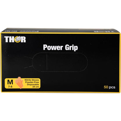Ένα κουτί με 50 Abena Re-Seller GmbH Thor Power Grip, πορτοκαλί νιτριλίου γάντια, μέγεθος Medium (7-8), χωρίς πούδρα, μίας χρήσης, 24 cm μήκος. Εξαιρετικό σχέδιο λαβής; κουτί με κίτρινες, λευκές και πορτοκαλί λεπτομέρειες.