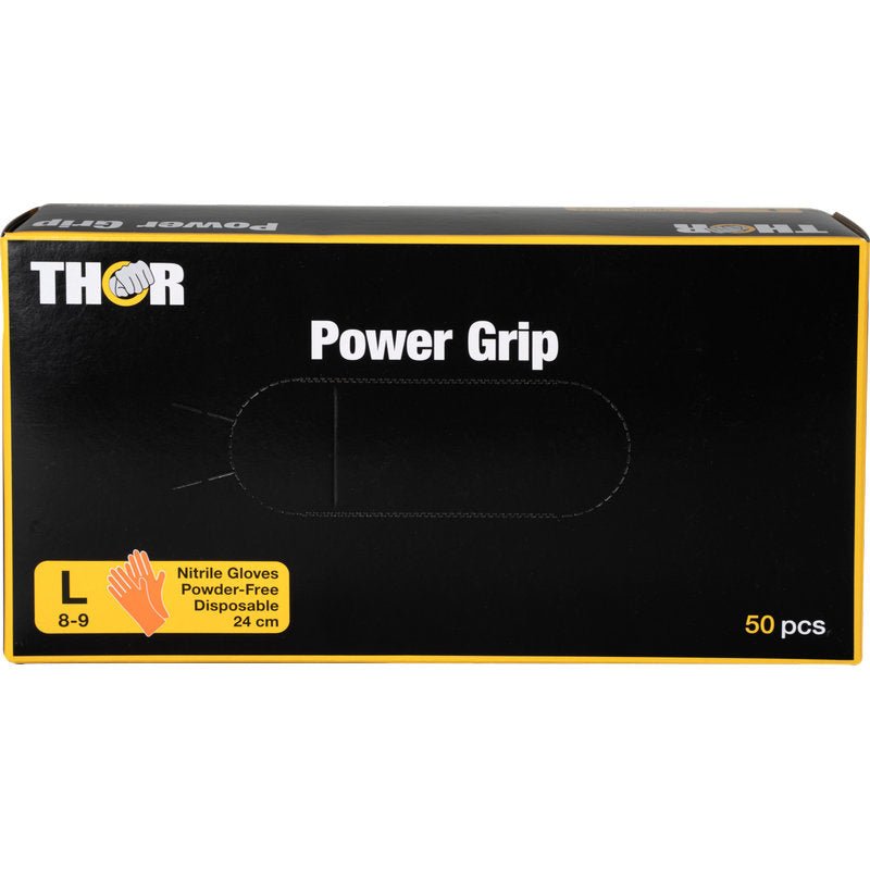Ένα πορτοκαλί κουτί με την επιγραφή "Thor Power Grip" της Abena Re-Seller GmbH περιέχει 50 μεγάλα (8-9), χωρίς πούδρα μίας χρήσης νιτριλίου γάντια. Η κίτρινο-λευκή ετικέτα δείχνει μια απεικόνιση του γαντιού και τονίζει την υψηλή του λαβή.