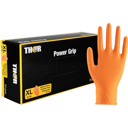 Ένα κουτί Abena Re-Seller GmbH Thor Power Grip πορτοκαλί νιτριλίου γάντια, μέγεθος XL, με ένα γάντι όρθιο δίπλα στη συσκευασία. Το κουτί δείχνει ότι πρόκειται για γάντια μίας χρήσης, χωρίς πούδρα και είναι ιδανικά για εργασίες που απαιτούν επιπλέον δύναμη λαβής.