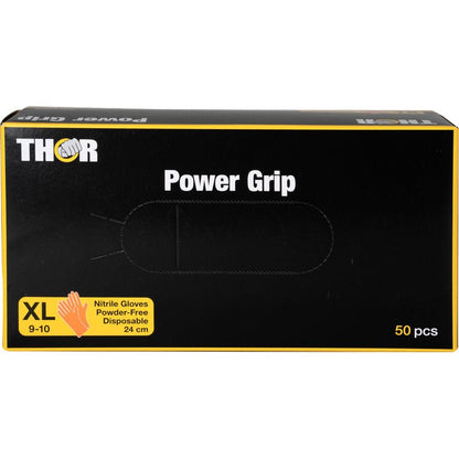 Ένα κουτί με την επιγραφή "Thor Power Grip, πορτοκαλί" της Abena Re-Seller GmbH περιέχει 50 χωρίς πούδρα μίας χρήσης νιτριλίου γάντια στο μέγεθος XL (9-10), 24 cm μήκος, με ένα κίτρινο σύμβολο χεριού και πληροφορίες προϊόντος στο μπροστινό μέρος για καλύτερη λαβή.