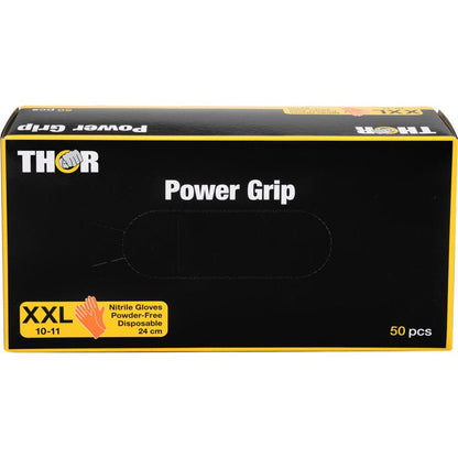 Ένα πορτοκαλί κουτί με την επιγραφή "Thor Power Grip" της Abena Re-Seller GmbH περιέχει 50 χωρίς πούδρα XXL μίας χρήσης γάντια από νιτρίλιο (μέγεθος 10-11, 24 cm), ιδανικά για επιπλέον δύναμη λαβής στην προπόνηση αντιβραχίου ή ως προπονητής χεριών.