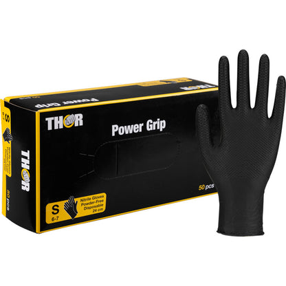 Ένα κουτί Thor Power Grip, Schwarz από την Abena Re-Seller GmbH, μέγεθος S 6-7, με ένα γάντι που απεικονίζεται όρθιο. Ιδανικό για προπόνηση δύναμης ή άρση βαρών· το κουτί περιέχει 50 γάντια μιας χρήσης χωρίς πούδρα.