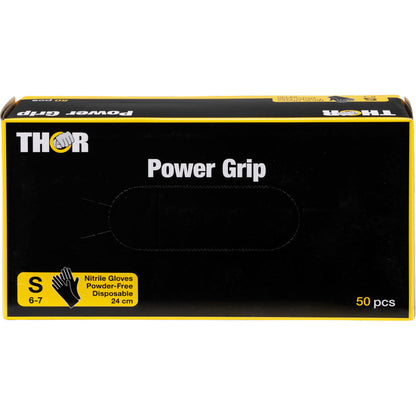 Ένα μαύρο κουτί με την επιγραφή "Thor Power Grip, Schwarz" της Abena Re-Seller GmbH περιέχει 50 μικρού μεγέθους, γάντια νιτριλίου μιας χρήσης χωρίς πούδρα για προπόνηση δύναμης ή άρση βαρών. Μια κίτρινη ετικέτα στο μπροστινό μέρος δείχνει το μέγεθος S και μήκος γαντιού 24 cm.