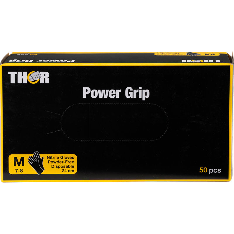 Ένα κουτί Thor Power Grip, Schwarz από την Abena Re-Seller GmbH, περιέχει 50 μεσαίου μεγέθους (7-8), γάντια νιτριλίου μιας χρήσης χωρίς πούδρα (24 cm). Μαύρο με κίτρινες λεπτομέρειες και απεικόνιση γαντιού. Ιδανικό για προπόνηση δύναμης ή άρση βαρών.