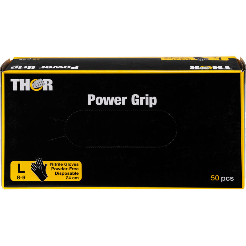 Ένα μαύρο κουτί με την επιγραφή "Thor Power Grip, Schwarz" από την Abena Re-Seller GmbH περιέχει 50 μεγάλα (μέγεθος L, 8-9), 24 cm μακριά, γάντια νιτριλίου χωρίς πούδρα, ιδανικά για προπόνηση δύναμης και άρση βαρών. Το κείμενο και τα γραφικά είναι κίτρινα και λευκά.