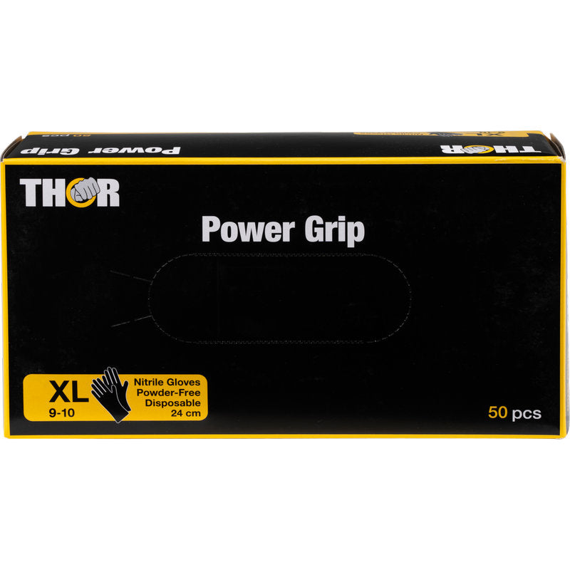 Ένα μαύρο-κίτρινο κουτί Thor Power Grip, Schwarz γάντια νιτριλίου από την Abena Re-Seller GmbH, μέγεθος XL (9-10), χωρίς πούδρα, μιας χρήσης, 24 cm μακριά, 50 τεμάχια ανά κουτί. Με πληροφορίες προϊόντος και απεικόνιση γαντιού στο μπροστινό μέρος· ιδανικό για προπόνηση δύναμης.