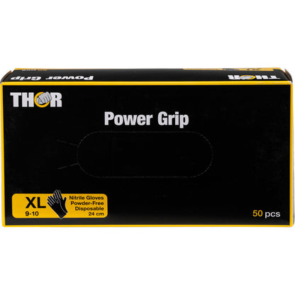Ένα μαύρο-κίτρινο κουτί Thor Power Grip, Schwarz γάντια νιτριλίου από την Abena Re-Seller GmbH, μέγεθος XL (9-10), χωρίς πούδρα, μιας χρήσης, 24 cm μακριά, 50 τεμάχια ανά κουτί. Με πληροφορίες προϊόντος και απεικόνιση γαντιού στο μπροστινό μέρος· ιδανικό για προπόνηση δύναμης.