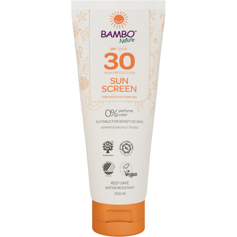 Eine 200ml Tube Bambo Nature Sonnencreme LSF30 von Abena Re-Seller GmbH - farb- und parfümfrei, hoher Schutz für empfindliche Haut, dermatologisch getestet, vegan, riffsicher und wasserfest. Verkauft in Kartons mit 6 Stück.