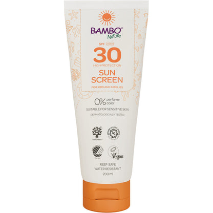 Eine 200ml Tube Bambo Nature Sonnencreme LSF30 von Abena Re-Seller GmbH - farb- und parfümfrei, hoher Schutz für empfindliche Haut, dermatologisch getestet, vegan, riffsicher und wasserfest. Verkauft in Kartons mit 6 Stück.