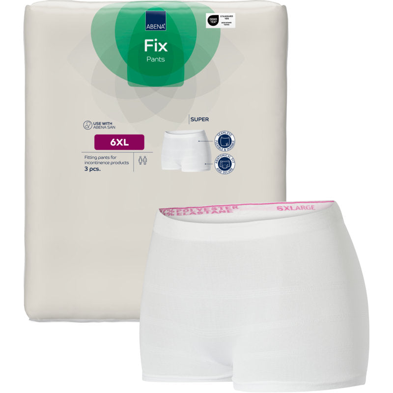 Eine Packung Fixierhosen ABENA Fix, Pants, Super der Abena Re-Seller GmbH wird neben einer weißen Inkontinenzhose aus Mesh mit der Aufschrift "6X LARGE" am Bund gezeigt. Auf der 3-teiligen Packung sind Produktdetails abgebildet.
