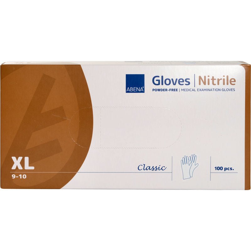 Ένα κουτί Abena Re-Seller GmbH νιτριλίου γάντια, Classic, χωρίς πούδρα, λευκό, μέγεθος XL (9-10). Το απλό λευκό-καφέ κουτί περιέχει 100 ιατρικά γάντια μιας χρήσης με πληροφορίες προϊόντος και μια εικόνα χεριού.