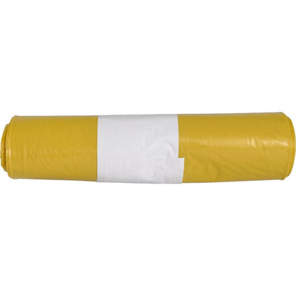 Ένας ρόλος σάκων απορριμμάτων για Sækko Boy 40 (40 my LDPE Recycled) από την Abena Re-Seller GmbH, κίτρινος με μια λευκή ορθογώνια ετικέτα στο κέντρο, εκτεθειμένος μπροστά από ένα απλό λευκό φόντο.