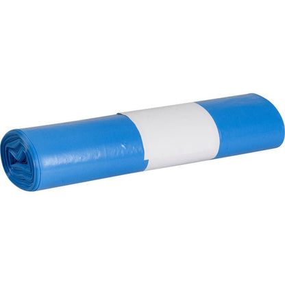 Ένα σφιχτά τυλιγμένο πακέτο μπλε πλαστικών σάκων της Abena Re-Seller GmbH για Sækko Boy 40 (40 my LDPE ανακυκλωμένο), που είναι ασφαλισμένο με μια λευκή χάρτινη ταινία στο κέντρο.