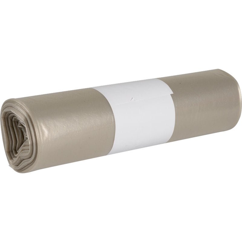 Ένα πυκνά τυλιγμένο δέμα από ανοιχτό γκρι σακούλες απορριμμάτων για Sækko Boy 60 (55 my LDPE Ανακυκλωμένο) από την Abena Re-Seller GmbH, με μια απλή λευκή ετικέτα στο κέντρο, απεικονίζεται μπροστά σε λευκό φόντο.