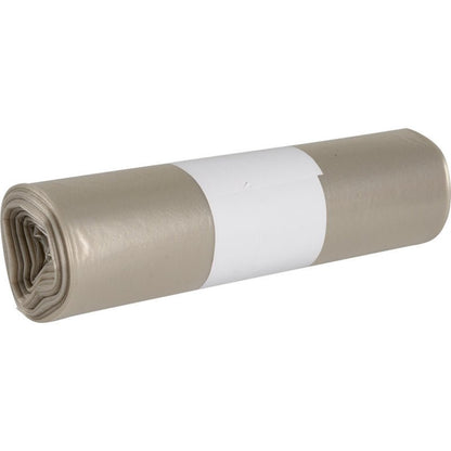 Ένα πυκνά τυλιγμένο δέμα από ανοιχτό γκρι σακούλες απορριμμάτων για Sækko Boy 60 (55 my LDPE Ανακυκλωμένο) από την Abena Re-Seller GmbH, με μια απλή λευκή ετικέτα στο κέντρο, απεικονίζεται μπροστά σε λευκό φόντο.